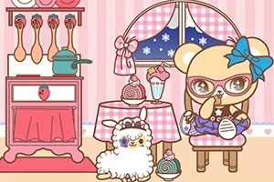 Dibujo de un oso con gafas y moño azul sentado en una silla junto a una mesa con postres, acompañado de una alpaca blanca, en un entorno acogedor con una ventana y cocina en el fondo