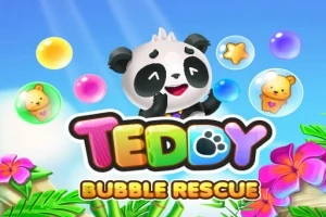 Un panda sonriente rodeado de burbujas con ositos, flores tropicales y hojas verdes en un cielo azul