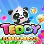 Un panda sonriente rodeado de burbujas con ositos, flores tropicales y hojas verdes en un cielo azul