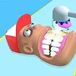 Cabeza animada con gorra roja, boca abierta mostrando dientes blancos y herramienta dental