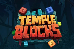 Logotipo colorido con letras 3D TEMPLE BLOCKS sobre un fondo oscuro de jungla, rodeado de bloques de piedra con símbolos y un ícono de sol