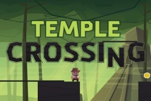 Un personaje con sombrero está de pie frente a un templo en un paisaje verde con el texto Temple Crossing arriba