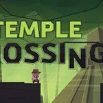 Un personaje con sombrero está de pie frente a un templo en un paisaje verde con el texto Temple Crossing arriba
