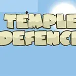 Texto en estilo de caricatura que dice TEMPLE DEFENCE con dos figuras de palo pequeñas y un fondo azul cielo con un sol brillante