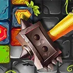 Un martillo de diseño robusto y colorido descansa sobre bloques de piedra con símbolos y enredaderas verdes