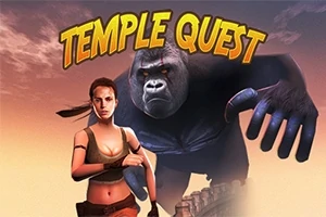Mujer aventurera corriendo junto a un gorila gigante con el título Temple Quest en el cielo al atardecer