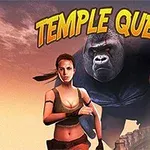 Mujer aventurera corriendo junto a un gorila gigante con el título Temple Quest en el cielo al atardecer