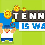 Un personaje caricaturesco de tenis con una raqueta y monedas flotantes sobre un fondo verde y azul con el texto Tennis Is War