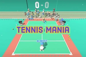 Vista de una cancha de tenis virtual con público al fondo y el texto Tennis Mania en el centro