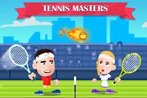 Dos personajes caricaturescos jugando tenis en una cancha verde, con una pelota en llamas en el aire y un cartel que dice Tennis Masters