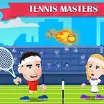 Dos personajes caricaturescos jugando tenis en una cancha verde, con una pelota en llamas en el aire y un cartel que dice Tennis Masters