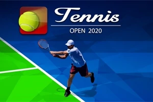 Jugador de tenis en acción sobre una cancha con fondo azul y verde, con el texto Tennis Open 2020 en la parte superior