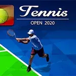 Jugador de tenis en acción sobre una cancha con fondo azul y verde, con el texto Tennis Open 2020 en la parte superior