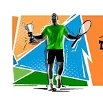 Jugador de tenis en silueta con camiseta verde sosteniendo un trofeo y una raqueta, con fondo colorido y texto que dice Tennis Open 2021