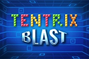 Texto colorido en 3D de Tentrix Blast sobre un fondo azul con patrones geométricos