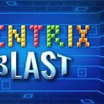 Texto colorido en 3D de Tentrix Blast sobre un fondo azul con patrones geométricos