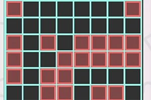 Cuadrícula de 6x6 con casillas negras y contornos azul claro, algunas casillas tienen cuadrados rojos en el centro