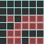 Cuadrícula de 6x6 con casillas negras y contornos azul claro, algunas casillas tienen cuadrados rojos en el centro