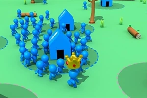Muñecos azules rodeando casas en un entorno verde, con uno de ellos usando una corona dorada