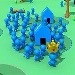 Muñecos azules rodeando casas en un entorno verde, con uno de ellos usando una corona dorada