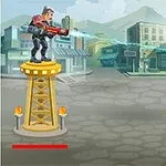Un personaje en una torre dispara un rayo azul hacia la distancia en un entorno urbano
