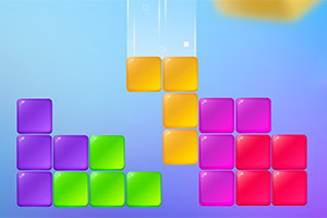 Bloques de colores brillantes (morado, verde, amarillo y rosa) apilados sobre un fondo azul degradado