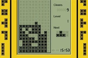 Pantalla de un videojuego retro en un dispositivo portátil amarillo con bloques apilados y un marcador de puntuación