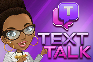 Ilustración de una persona con gafas y cabello recogido haciendo un gesto de aprobación, junto a burbujas de diálogo y el texto Text Talk sobre un fondo morado