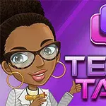 Ilustración de una persona con gafas y cabello recogido haciendo un gesto de aprobación, junto a burbujas de diálogo y el texto Text Talk sobre un fondo morado