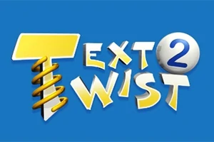 Texto Text Twist 2 en colores amarillos y blancos sobre un fondo azul, con un diseño espiral en la letra T