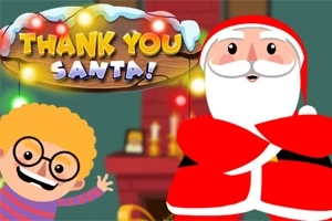 Santa Claus con un niño sonriente en frente de una chimenea, con luces navideñas y un letrero que dice Thank You Santa!