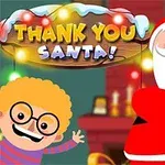 Santa Claus con un niño sonriente en frente de una chimenea, con luces navideñas y un letrero que dice Thank You Santa!