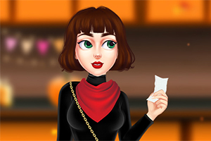 Mujer con cabello oscuro y corto, con un pañuelo rojo y una cadena dorada, sosteniendo un papel en la mano, sobre un fondo desenfocado de tonos cálidos