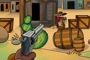 Un personaje vestido como vaquero con sombrero y pañuelo rojo apunta con una pistola detrás de un barril en un escenario del viejo oeste con cactus y cajas de madera