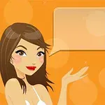 Mujer sonriente con cabello castaño señalando un cuadro de texto sobre un fondo naranja con círculos difuminados