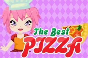 Ilustración de una figura femenina con cabello rosado y sombrero de chef junto a una porción de pizza y el texto The Best Pizza sobre un fondo de rombos morados