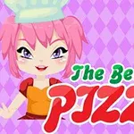 Ilustración de una figura femenina con cabello rosado y sombrero de chef junto a una porción de pizza y el texto The Best Pizza sobre un fondo de rombos morados