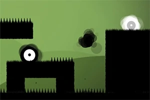 Fondo verde oscuro con siluetas negras de plataformas y un ojo blanco estilizado en el centro