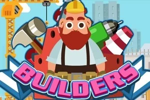 Ilustración de un obrero con casco amarillo y herramientas de construcción, con la palabra Builders en el frente