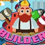 Ilustración de un obrero con casco amarillo y herramientas de construcción, con la palabra Builders en el frente