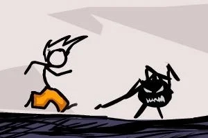 The Fancy Pants Adventure: World 1 Un dibujo de un personaje de palo con pantalones anaranjados corriendo de una criatura negra con aspecto amenazante y dientes afilados