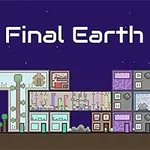 Edificios pixelados futuristas y estructuras sobre un fondo de cielo estrellado con el texto The Final Earth 2