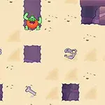 Un monstruo verde con un arco rojo en el centro de una cuadrícula de tierra, rodeado de huesos esparcidos y varios agujeros