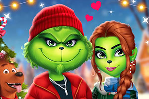 Dos personajes verdes con ropa abrigadora y expresiones felices, rodeados de decoración navideña, con corazones en el fondo
