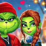 Dos personajes verdes con ropa abrigadora y expresiones felices, rodeados de decoración navideña, con corazones en el fondo