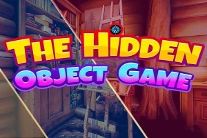 Texto colorido que dice The Hidden Object Game sobre un fondo dividido en tres escenas de una cabaña desordenada con libros y escaleras