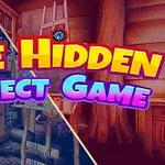 Texto colorido que dice The Hidden Object Game sobre un fondo dividido en tres escenas de una cabaña desordenada con libros y escaleras