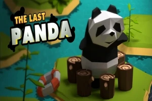 Panda de diseño geométrico en una isla pequeña rodeada de agua con troncos y un salvavidas