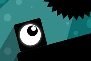 Cubo negro con un ojo grande en un fondo turquesa con círculos claros y una sombra de engranaje en la esquina superior derecha