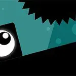 Cubo negro con un ojo grande en un fondo turquesa con círculos claros y una sombra de engranaje en la esquina superior derecha